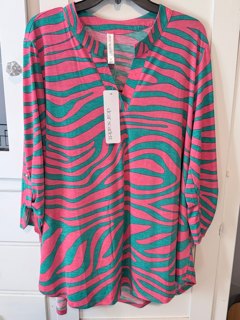 Dear Scarlett Pink and Teal Zebra-Print V-Neck Tunic Top